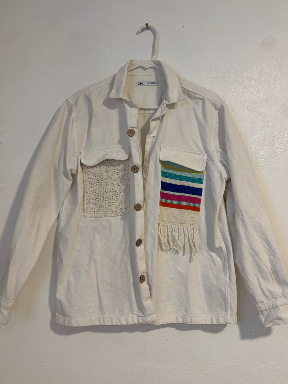Zara Cream Utility Jacket with Multicolor Stripe Pocket